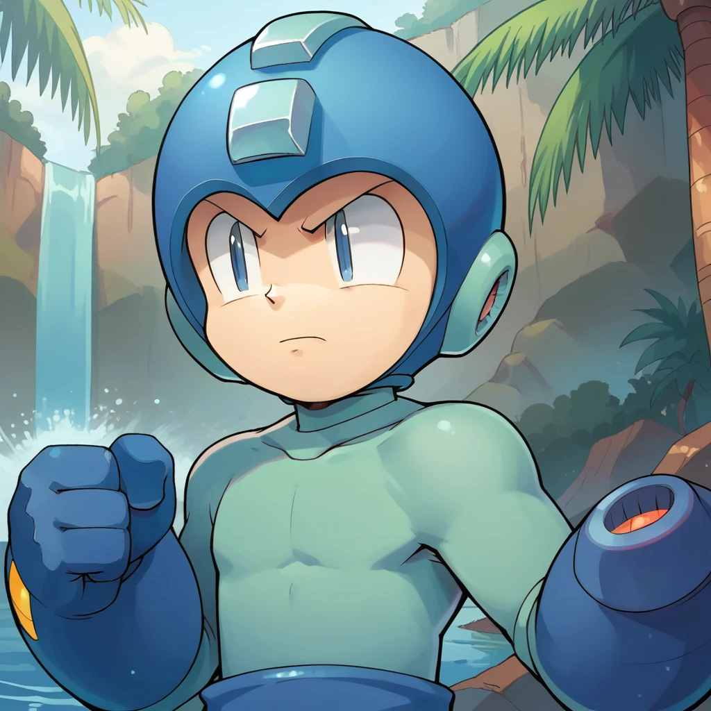 score_9, score_8_up, score_7_up, source_anime, absurdres, highres, standing, 1boy, solo, upper body, outdoors, waterfall, palm trees, pond, <lora:PDXL_OGMegaman-000015:1.0> mega man \(character\), helmet, blue bodysuit, closed mouth, frown, jumping