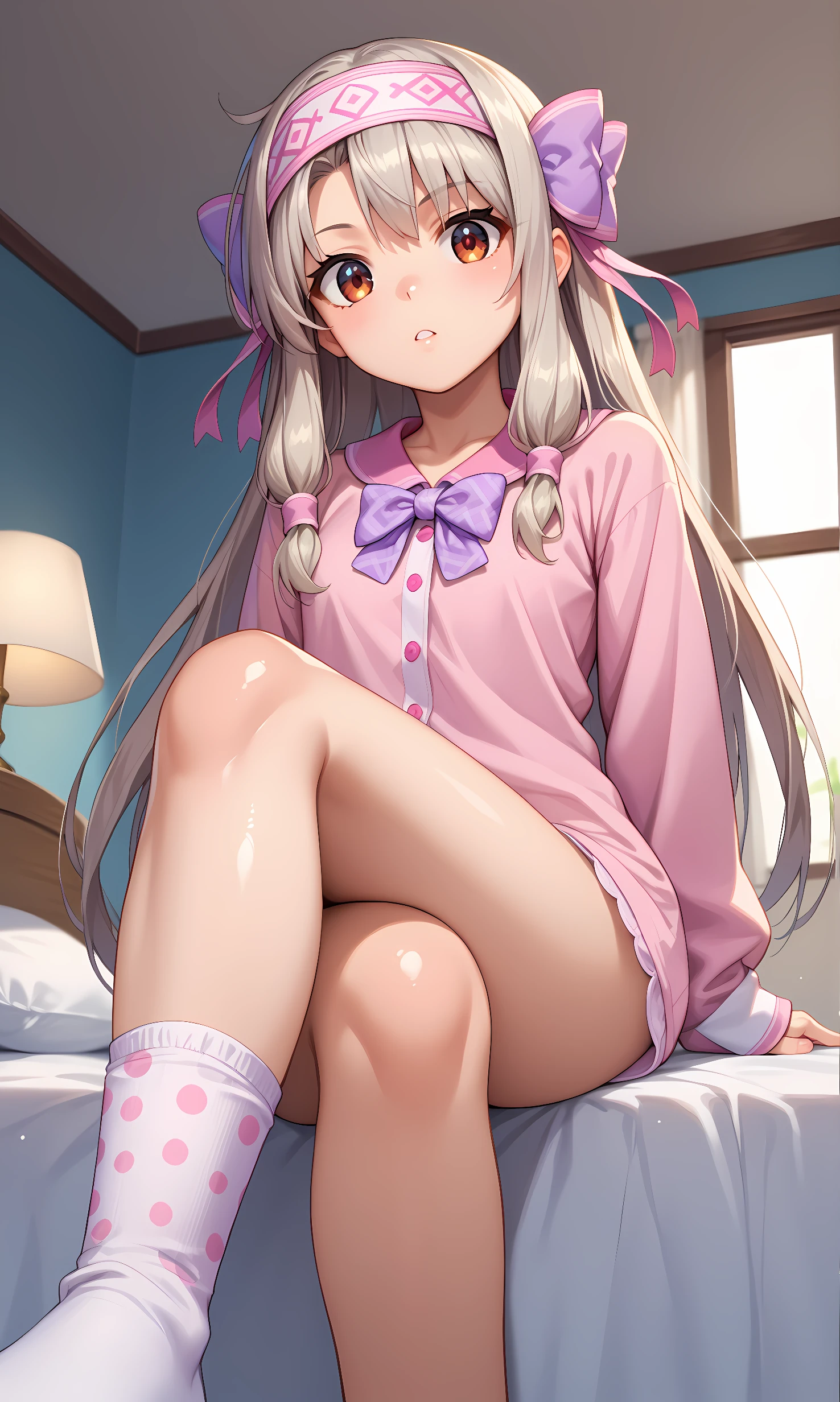 score_9, score_8_up, score_7_up, source_anime, 1girl, solo, indoors, bedroom, cowboy shot, standing, looking at viewer, shiny skin, sitonai, brown eyes, grey hair, very long hair, headband, purple bow, hair bow, pink pajamas, polka dot pajama, shorts pajama, long sleeves, white socks, crossed legs, sitting, bed, from below 