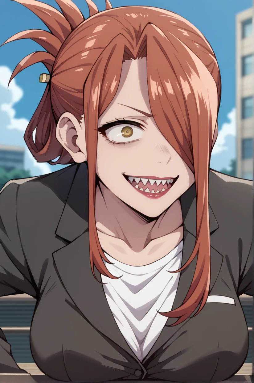 <lora:NikoHirata-09:1> NikoHirata, hair over one eye, folded ponytail, long hair, red hair, yellow eyes, large breasts, lipstick, parted lips, white shirt, solo, suit, black jacket, pant suit, looking at viewer, crazy eyes, crazy smile, shaded face, open mouth, sharp teeth, 16k, masterpiece, absurdes, highly detailed, highres, high quality, best quality, score_9, score_8_up, score_7_up, score_6_up