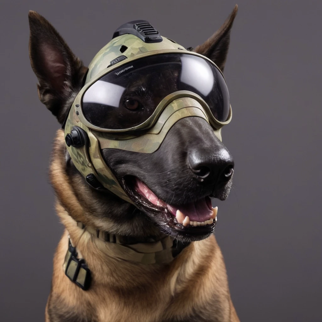 belgian malinois wearing a camouflage helmet, single lens visor,  <lora:K9-muzzle:1>,