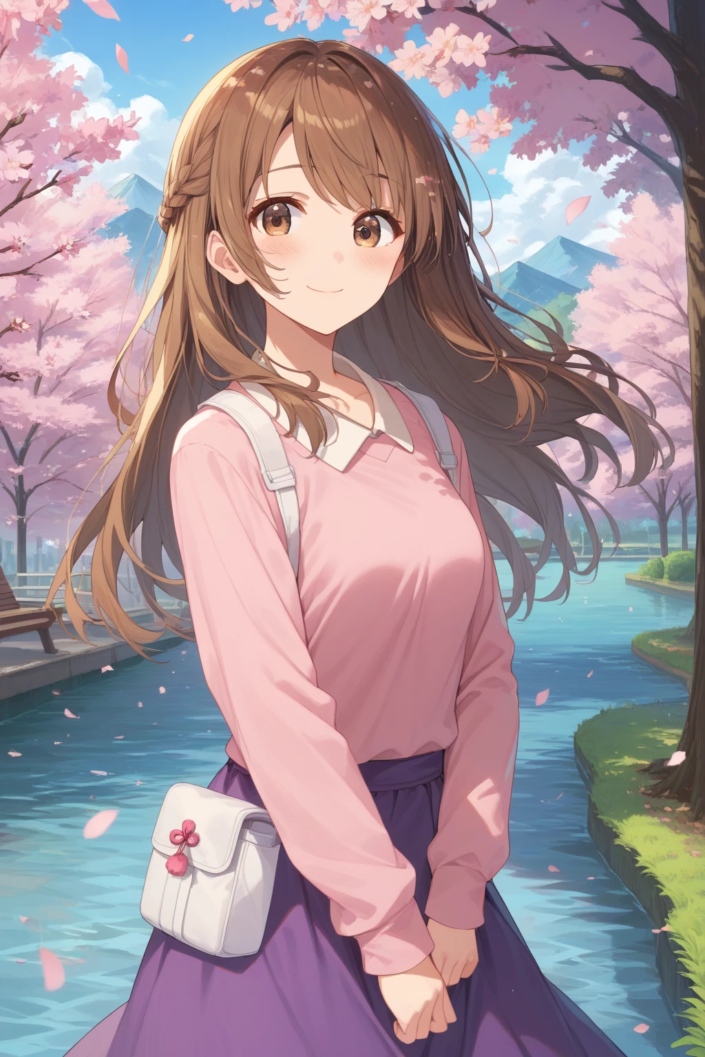 (score_9, score_8_up:1.1), score_7_up, high res image,masterpiece, mashiro aoi, 1girl, solo, brown hair, long hair, braid, brown eyes, pink sweatshirt, collared sweatshirt, purple skirt, white pouch, smile, blush, looking at viewer, outside, cherry blossom trees, park, river, mountain