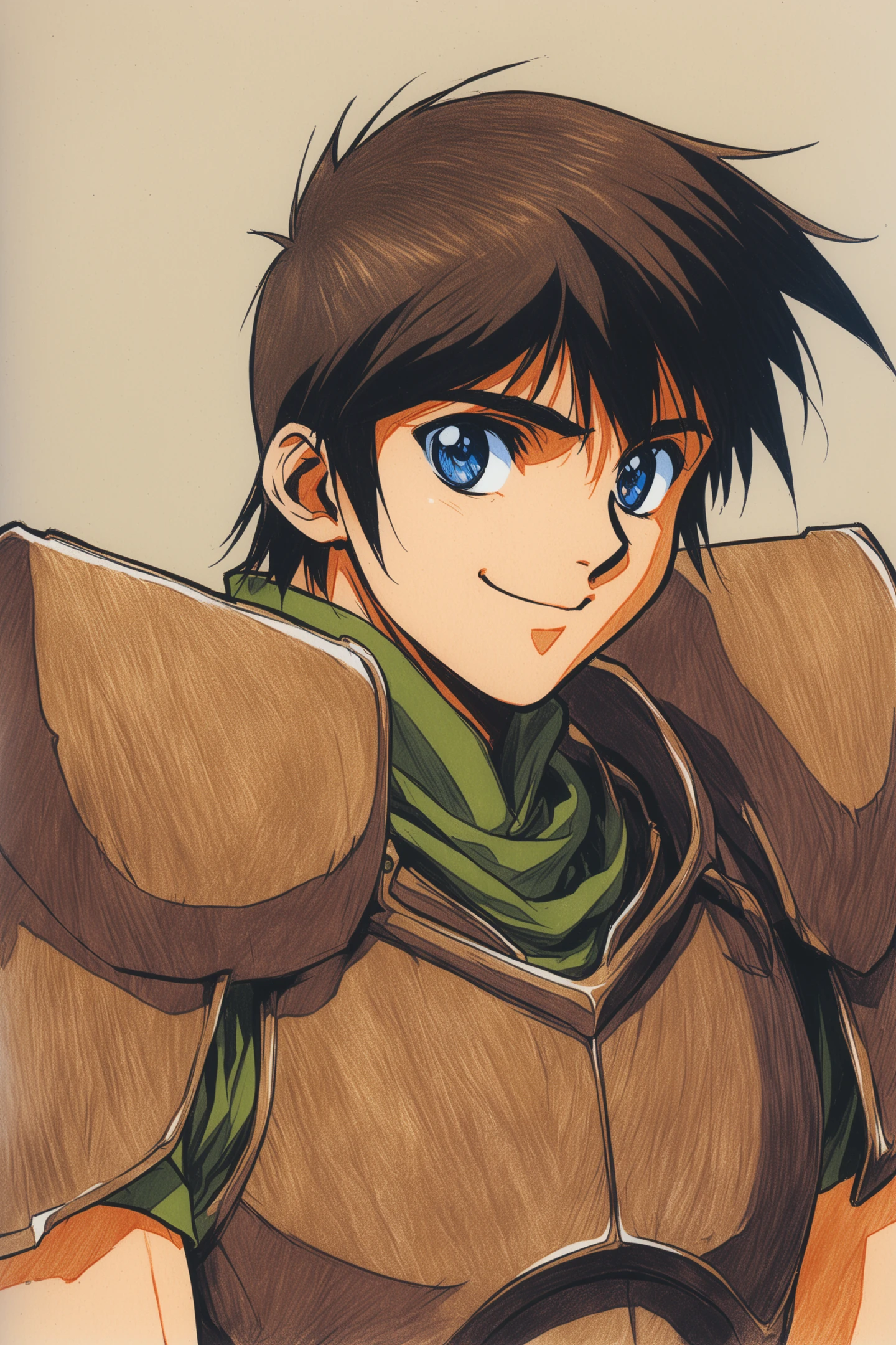 Parn,solo,1boy,male focus,brown armor,blue eyes,smile,simple background,brown hair,upper body,shoulder armor,retro artstyle,traditional media,
<lora:yuuki nobuteru_XL:0.8>,