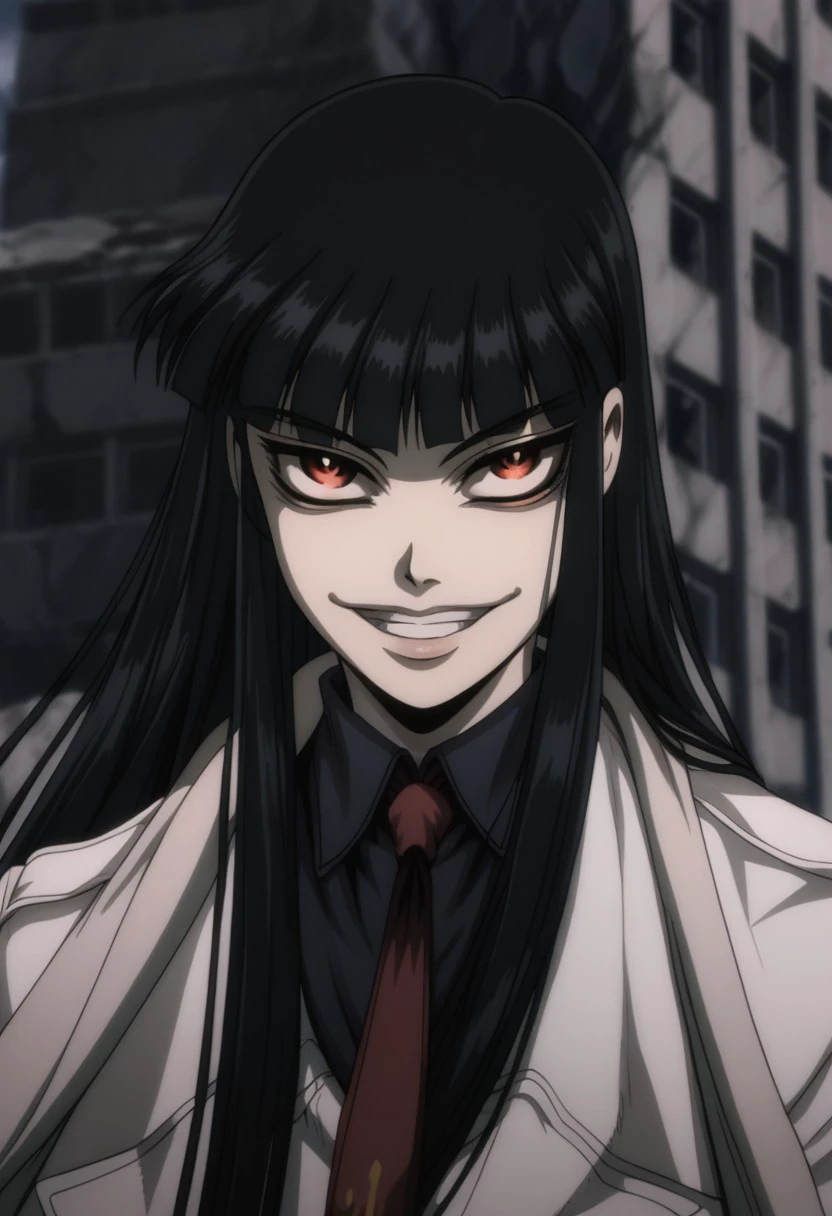score_9, score_8_up, score_7_up, girlycardXL11, 1 girl, solo, red eyes, black hair, long hair,blunt bangs, scarf, blue shirt, red necktie, white jacket, white coat, evil smile, ruins, face, close up,