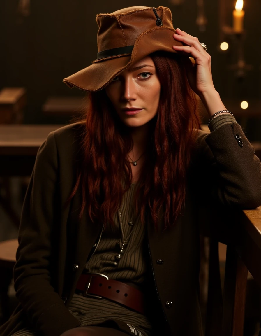 <lora:Clara_Paget_Flux:1.2> Beautiful detailed photograph, her auburn hair cascades over her shoulders. She is dressed in a rugged, dark brown, long coat with a wide belt. Her outfit includes a striped shirt underneath, adding to the historical pirate theme. She wears a wide-brimmed, brown, leather hat that casts a shadow over her face, giving her a mysterious, intense expression. sitting in a pirate tavern, soft lighting.