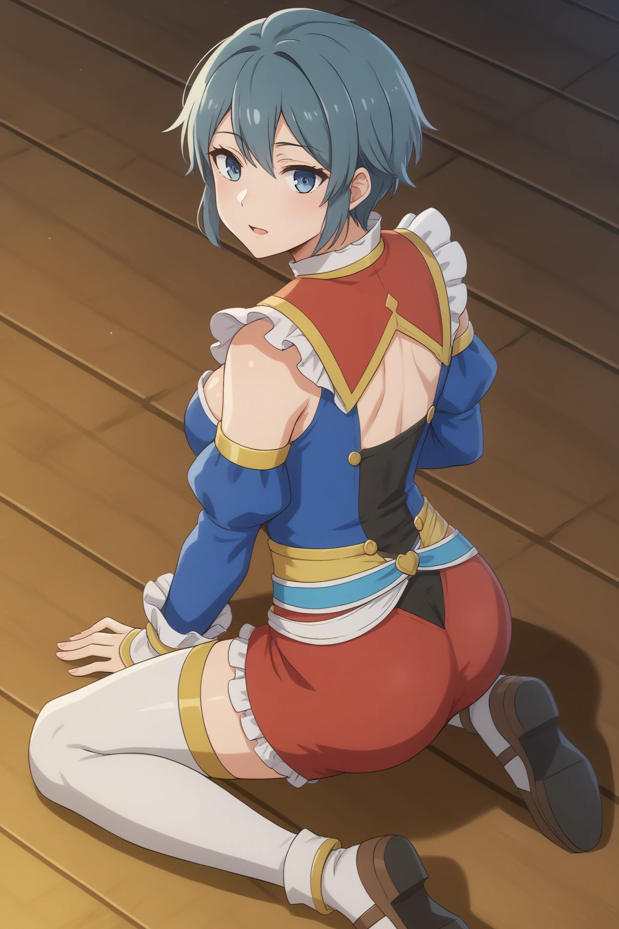 score_9,  Ardee Varma, anime style,  Kneeling with hands on the ground and looking back, Circus Carnival <lora:Danmachi-Ardee_Varma-PDXL:0.8>