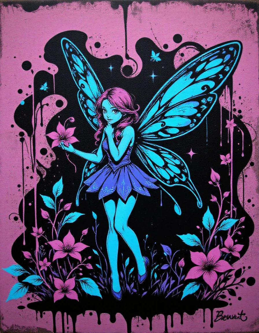 a fairy , Saffron theme, Periwinkle outline, black background, graffiti, 2d, flat color,  <lora:Blacklight Graffiti Style Flux_epoch_25:1>