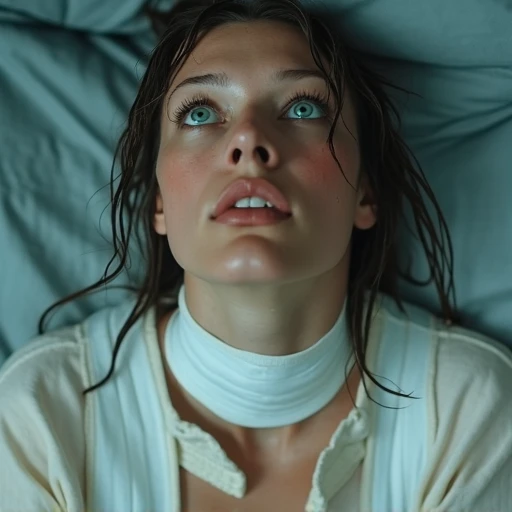 A close-up shot of a woman with wet, intense expression, looking upward with an expression of awe or surprise. She is wearing a white, wrapped around her body in a minimalistic, with piercing blue eyes and soft facial features. The background is slightly blurred, capturing the tension and intensity of the moment., giving her outfit a sci-fi aesthetic. Her right hand is placed on her hip, bandage-like fashion. Her hands are placed on her hips