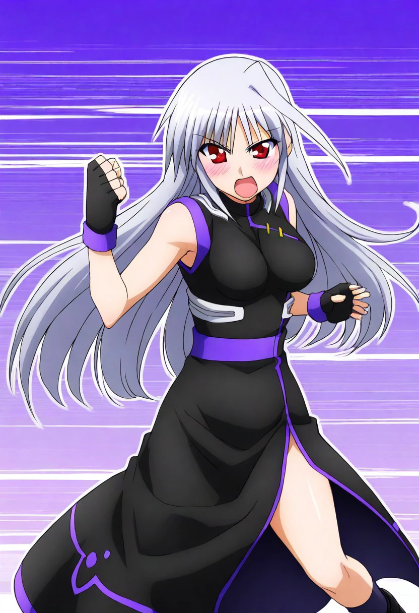 best quality, masterpiece, anime, 1girl, solo, Reinforce, long hair, white hair, single hair intake, red eye, long dress, black dress with purple trim, side slit, black gloves with purple trim, fingerless gloves, purple waistband, sleeveless dress, bare shoulders, black sock, black metal shoes, fighting stance, standing, on one leg, kicking, fluttering dress, blushing, shouting