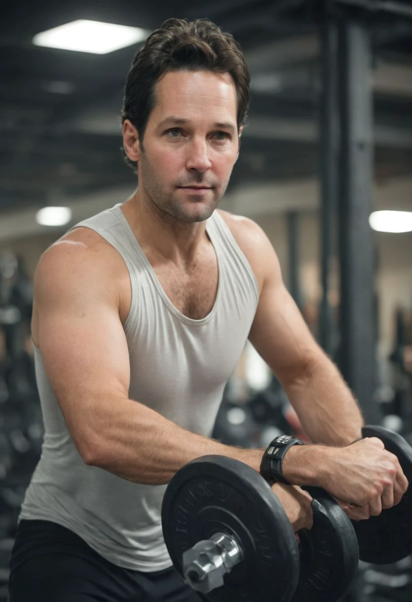 Paul Rudd a man <lora:Paul-Rudd:1>,  cinematic film stilil ((sweaty)), tanktop, gym, working out, lifting weights, dynamic pose . shallow depth of field, vignette, highly detailed, high budget, bokeh, cinemascope, moody, epic, gorgeous, film grain, grainy  <lora:add-detail-xl:1>