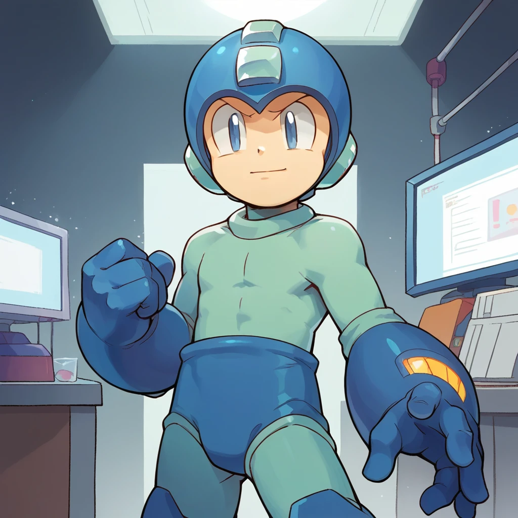 score_9, score_8_up, score_7_up, source_anime, absurdres, highres, standing, 1boy, solo, cowboy shot, indoors, laboratory, science fiction, computer terminals, glass windows, <lora:PDXL_OGMegaman-000015:1.0> mega man \(character\), helmet, blue bodysuit, closed mouth, happy