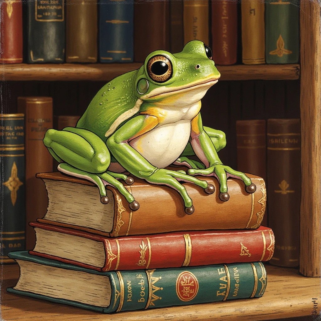 An illustration of KGR_HYLA_CINEREA_FLUX-a green treefrog-perched on a stack of vintage books in a cozy dimly lit library. <lora:beatrix_potter:1> By artist Beatrix Potter
<lora:kgr-hyla-cinerea-flux-000001200:0.8>
<lora:FLUX.1-Turbo-Alpha:1>