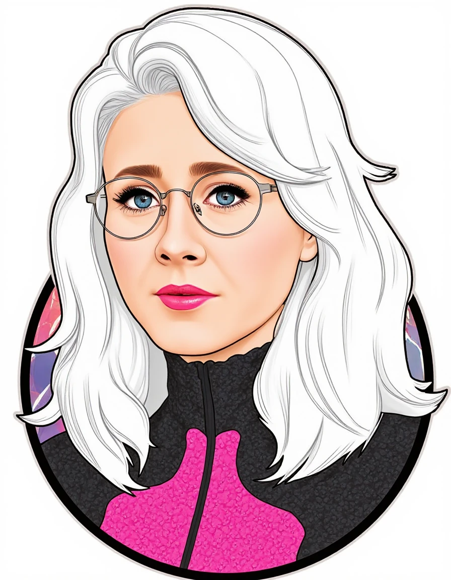 Vector Art Stickers, <lora:Mona Keijzer:1.8> mona keijzer, (((white hair))), glasses, looking at viewer, long hair, sticker on car, professional vector design, sticker designs, Sticker Sheetâââ