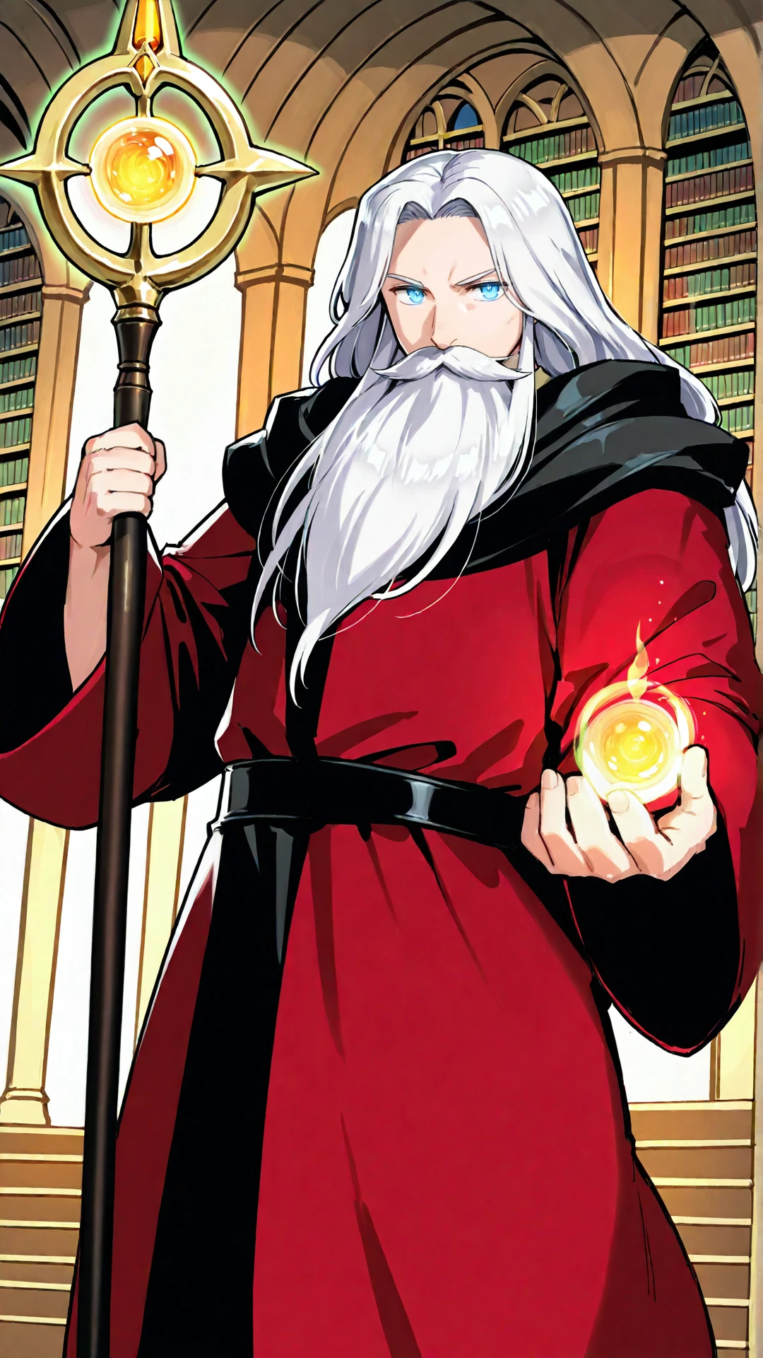 sjsartstyle, 2d, (zPDXL2), cowboy shot, dynamic pose, dynamic angle, webtoon, anime, centered, perfect hands, solo, 1man, mature, holding metal staff with a yellow gem, long beard, old wizard, sorcerer, glowing magic circles in the air, white hair, blue eyes, red robes, indoors, medieval fantasy, library, <lora:sd_xl_dpo_lora_v1:1>, <lora:OMG-Is-DucHaiten_v1.0:0.1>, <lora:sjsartstyle Illustrious:1>