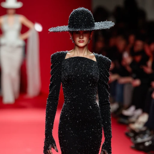 The image is a high-fashion runway photograph taken at a fashion show. The main subject is a model walking down a runway with a vibrant background. She is wearing a striking, form-fitting, black gown that appears to be covered in small, shimmering sequins or rhinestones, giving it a luxurious, glittering texture. The dress has a high neckline and long, wide sleeves with intricate, raised embellishments., haute couture, high fashion, fashion photography, paris fashion week, hat