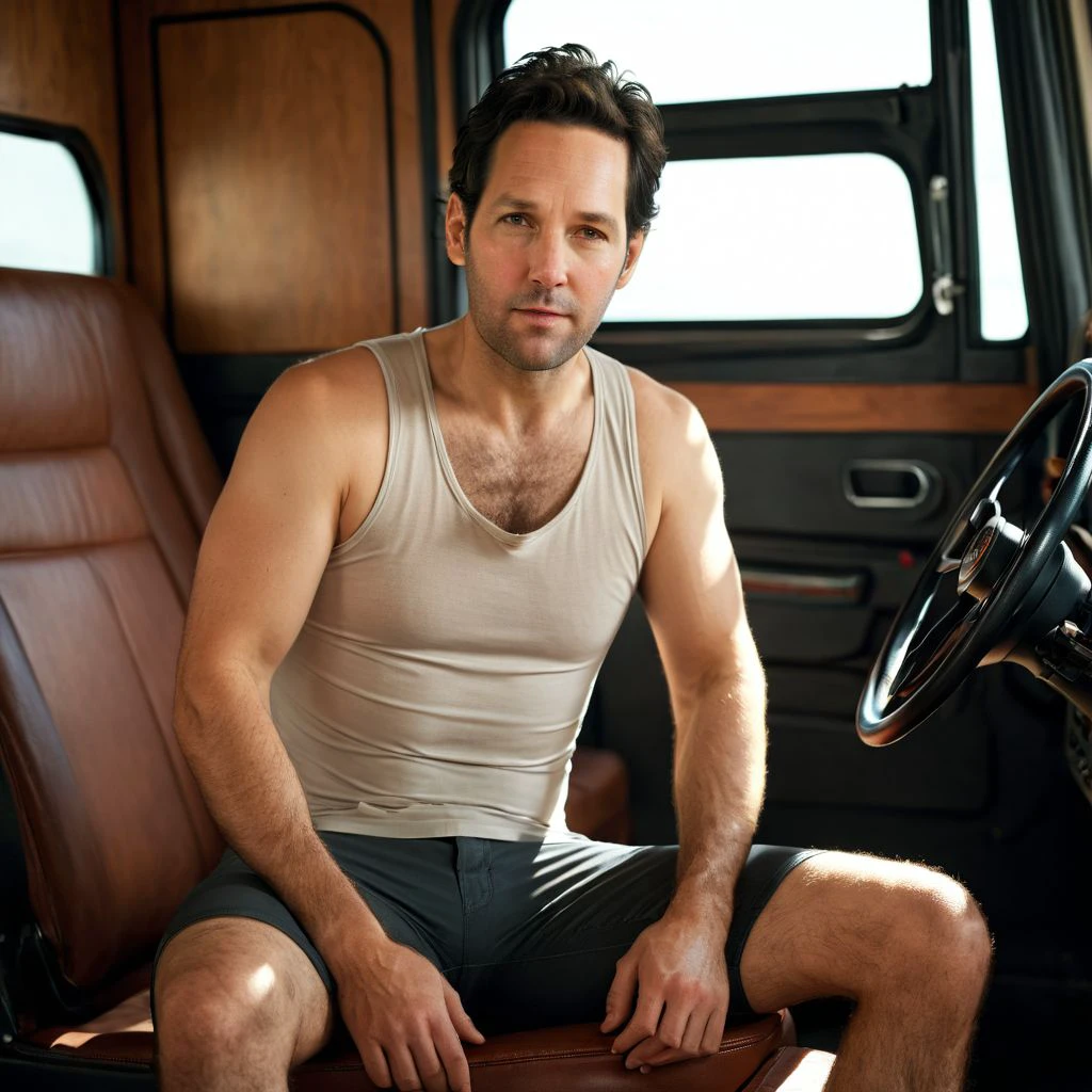 low camera shot, Paul Rudd a man <lora:Paul-Rudd:1>, rugged,detailed face, sitting legs crossed inside cabin lorry, legs dangling, wearing tank top, sunlight, barefoot, masterpiece,8k,depth of field, bokeh, detailed,sharp focus,,elegant, cinematic lighting, ,photorealistic, taken using a Leica SL2 & the APO-Summicron-SL 28 f/2 ASPH lens, shutter speed 1/200s, ISO 100 and natural light, Hyper Realistic Photography, Cinematic, Cinema, Hyperdetail, UHD, Color Correction, hdr, color grading, hyper realistic CG animation ((remarkable color)), (ultra realistic), textured skin, remarkable detailed pupils, ((realistic dull skin noise)), ((visible skin detail)), ((skin fuzz)), shot with cinematic camera, 3D render, ((hyper realism)), sharp focus, cinematic lighting, photo realistic, hyper realistic. 4k, natural, global illumination, caustics, ratytracing, Unreal Engine, highly detailed, High dynamic range, vivid, rich details, clear shadows and highlights, realistic, intense, enhanced contrast, highly detailed <lora:add-detail-xl:1>