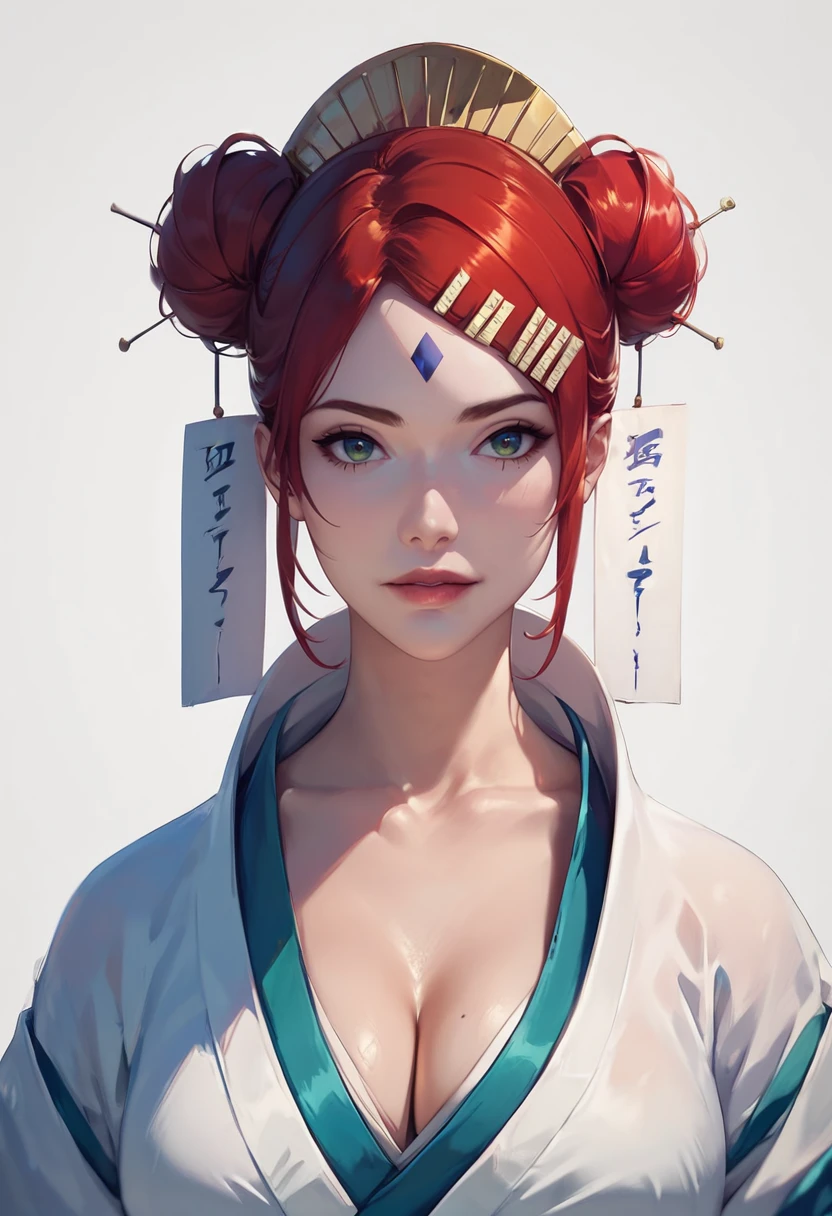 (masterpiece), (best quality), score_9, score_8_up, score_7_up, (masterpiece:1.2), (best quality:1.3), 1girl <lora:Mito_Uzumaki:0.8> mito_uzmk, red hair, double bun, hair ornament, looking at viewer, japanese clothes, forehead mark, simple background, portrait, cleavage, masterful composition, dynamic movement