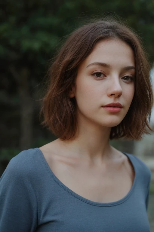 1girl,blue shirt,blurry foreground,closed mouth,collarbone,depth of field,deviantart username,lips,looking at viewer,nose,outdoors,photorealistic,realistic,shirt,short hair,solo,upper body,