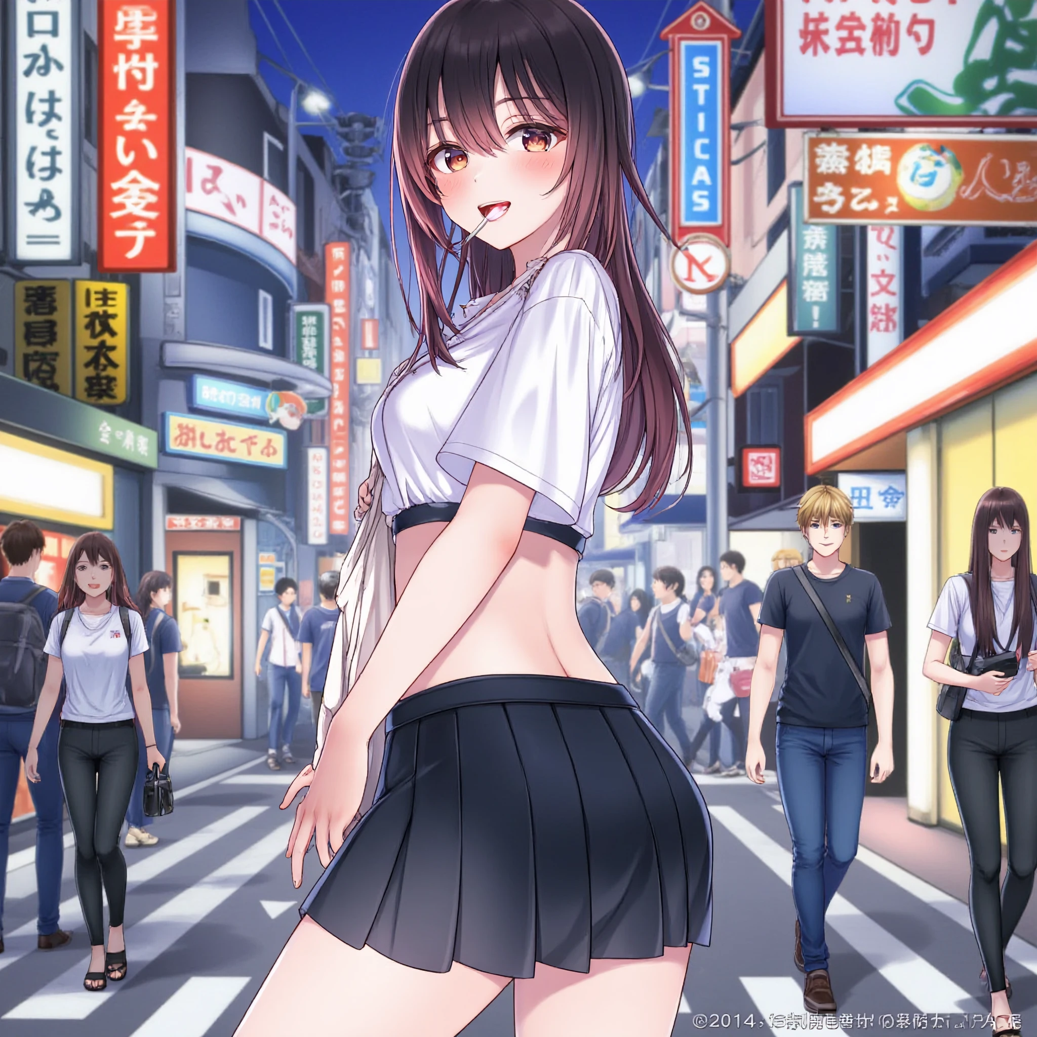 An anime-style image of a high school teenager girl, with her upper torso half-tilted toward the viewer. She holds a lollipop in her mouth. Lollipop stick from mouth. Teasing pants. Exuding a playful, slightly seductive expression smiling, looking in camera. The girl wears a short white blouse and a pleat skirt, including a short skirt and light jacket, and her hair is styled neatly. Long hair. In the background, a bustling city street is filled with pedestrians, colorful storefronts, and bright neon signs, capturing the vibrant, energetic feel of bustling city. Camera from background. High intensity colors. Vignette.