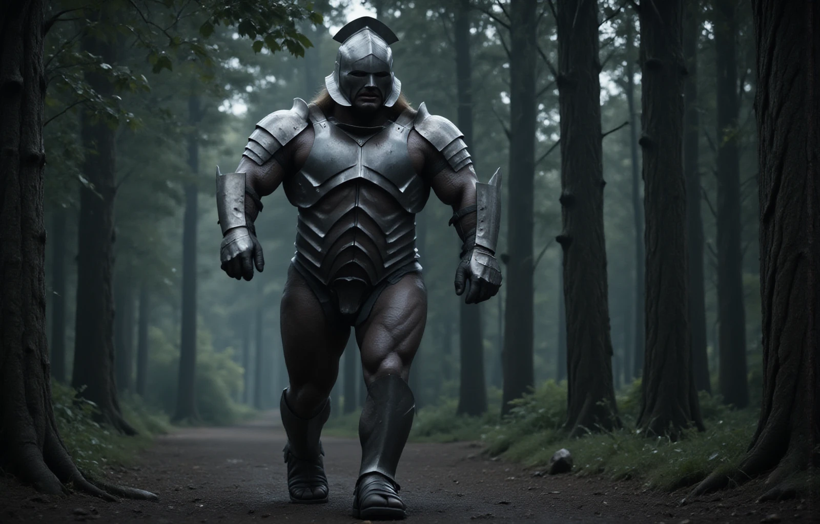 film scene from Denis Villeneuve. Cinematography. Dramatic lighting and moody atmosphere. in a dark forest,

a imposing Urukflux walking with a armor and a helmet, he is very muscular, front view, full body, running , holding a sword, sword