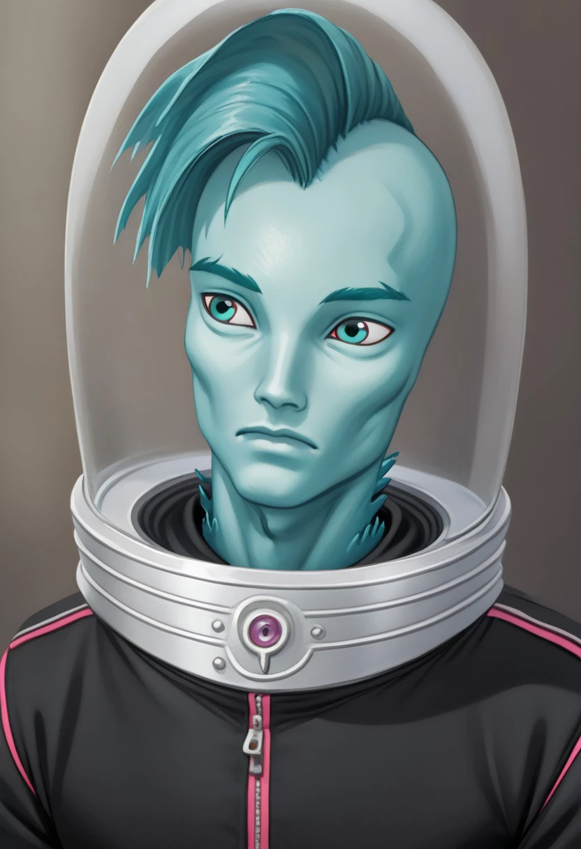 Gil Webber G1, Blue skin, Fish man, sea Monster, abs, white iris, Gills, dark cyan fin hair, Mohawk, sharp cheek bones, Male, Jacket, Tank Helmet, portrait