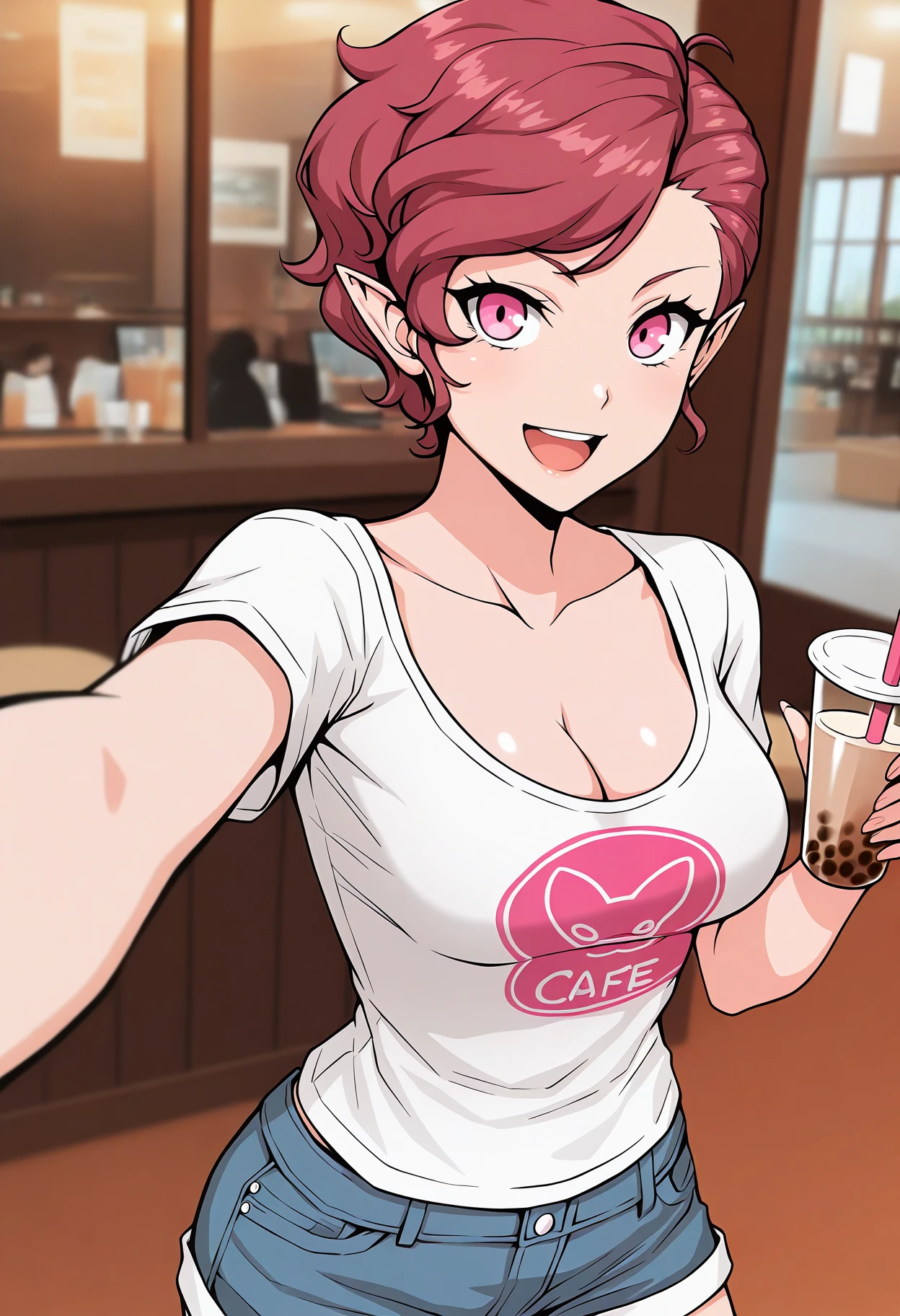 masterpiece, best quality, 1girl, looking at viewer, :d, holding bubble tea, selfie, <lora:PixieSMT-illu_epoch_14:1> pixie, brown hair, short hair, pink eyes, pointy ears, print shirt, cleavage, medium breasts, short sleeves, denim shorts, cafe, indoors