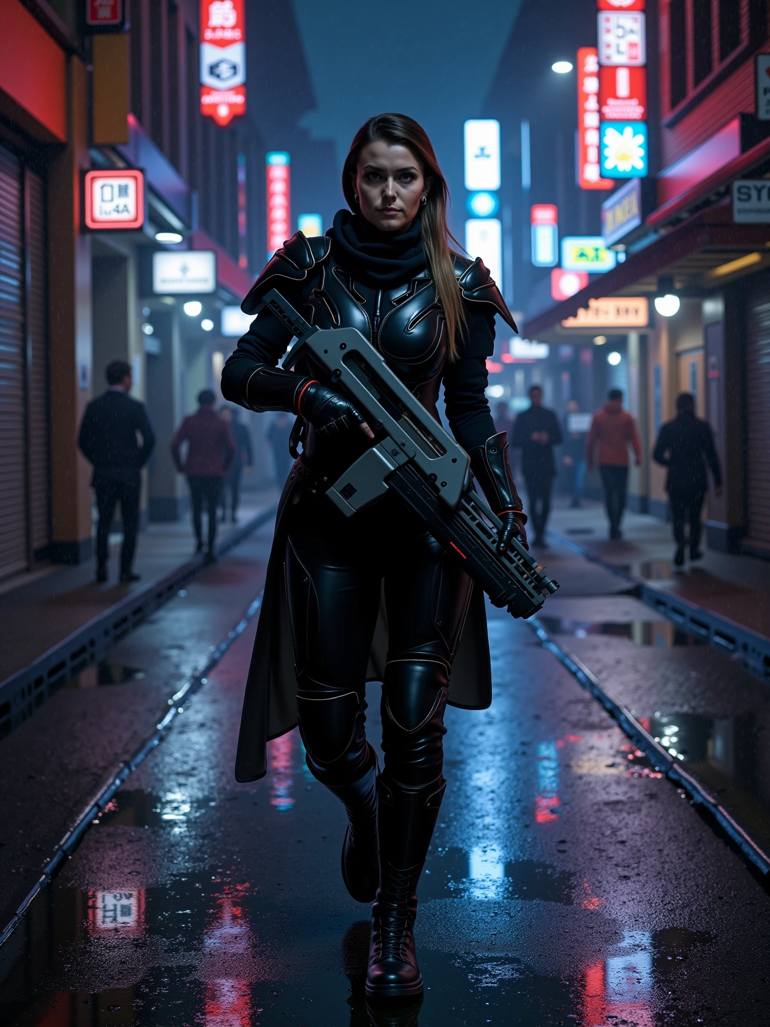 a woman  holding a mad-srgns m41a rifle walking through a dark alley,  wearing a futuristic armor, city at night, rain, neon light hologram  <lora:M41A_FLUX:0.9>