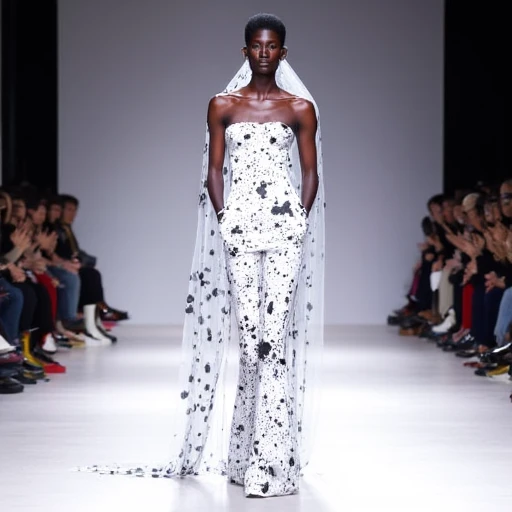 The image is a photograph capturing a fashion runway show. The model, a tall woman with a dark complexion, walks down a bright runway. She is dressed in an avant-garde, high-fashion outfit. The outfit consists of a strapless, white jumpsuit adorned with large, irregular black splatter patterns, giving it a dramatic, artistic appearance. The jumpsuit features a flowing, sheer, white skirt that extends beyond the floor, creating a sense of movement and fluidity., haute couture, high fashion, fashion photography, paris fashion week, solo