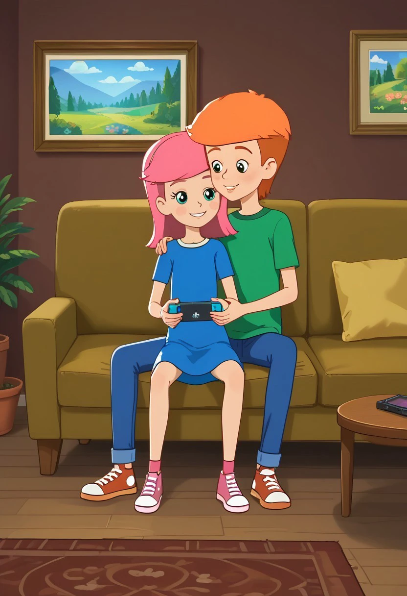 skinny, shorty, undersized, full body,  couple of characters, prostokvashino, slender  boy with short orange hair, petite undersized shorty girl with pink hair, fyodor and pink olya, boy in blue pants and green shirt, and girl in blue slip sundress, sneakers, flat chested shorter girl, at living room  background, close view, couple sitting on green sofa against tv, couple playing in game console, holding gamepad in hands, happy