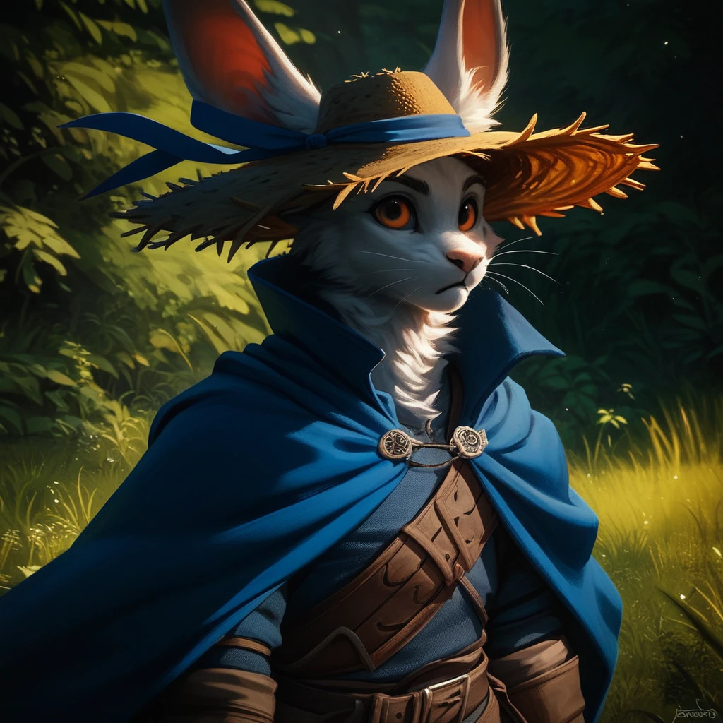 score_9, score_8_up, score_7_up, score_6_up, BREAK
(Prof_G_Quill:1.1),  a  small furry (rabbit:1.1) anthro male, wearing a( straw hat with blue ribbon:1.2) and a blue cloak with a high collar. (massive battlefield, fantasy medieval battle,:1.2) The rabbit has (white fur:1.1) with orange eyes and a serious expression, happy, (laugh:0.8), pose, short height, straw hat, outside, forest path, detailed background, 
 <lora:Prof_G_Quill._v1_2024-10-31_09-21-52-save-410-205-0:0.7> , <lora:Jacato_-_Art_Style-000007:0.6> Jacato <lora:dark:0.65>