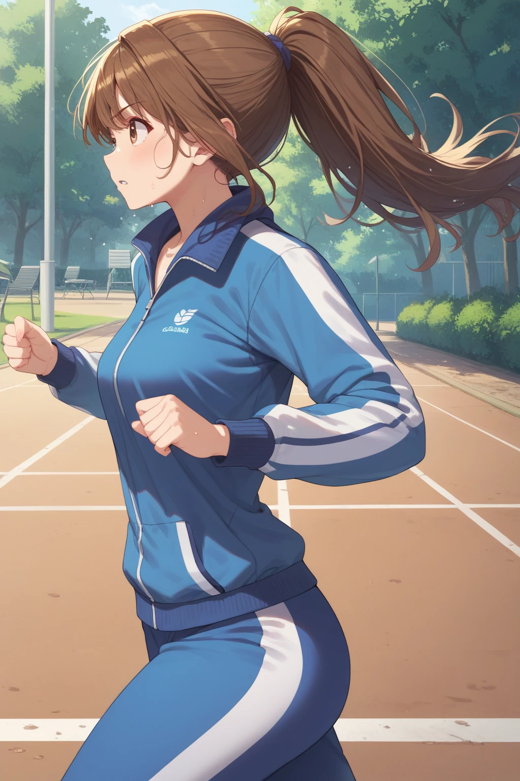 (score_9, score_8_up:1.1), score_7_up, high res image,masterpiece, mashiro aoi, 1girl, solo, brown hair, long hair, ponytail, brown eyes, blue track suit, black leggins, running, cowboy shot, side view, sweat, park, outside