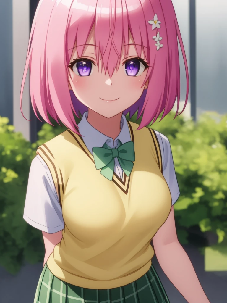 ((masterpiece)),(best quality),official art,extremely delicate and beautiful,extremely detailed CG,unity 8k wallpaper,ultra detailed,beautiful detailed eyes,extremely detailed face,outdoors,1girl,solo,upper body,(portrait:1.5),looking at viewer,facing viewer,smile,blush,short hair,Momo Belia Deviluke,pink hair,hair ornament,hair flower,hair between eyes,bangs,purple eyes,school uniform,sweater vest,yellow vest,white shirt,collared shirt,green bowtie,short sleeves,large breasts,miniskirt,green skirt,plaid skirt,pleated skirt,demon tail,zettai ryouiki,black thighhighs,loafers,<lora:Momo Belia Deviluke(tlr):1.6>,