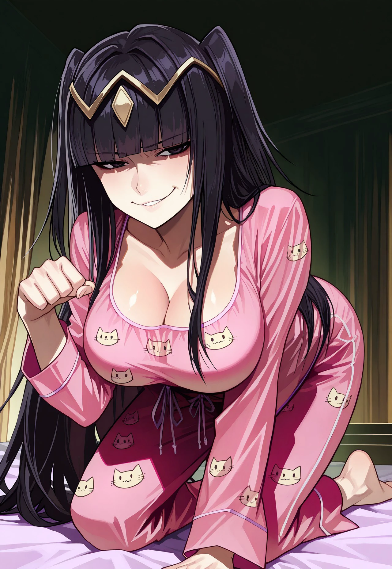 safe_pos, masterpiece, best quality, 1girl, solo, <lora:fetharja-illu-nvwls-v1-000005:1> dfThja, black hair, black eyes, two side up, tiara, large breasts, anime, cat ears, pink pajamas, cat print pajamas, barefoot, all fours, looking at viewer, pov, smug, paw pose, bed, bedroom