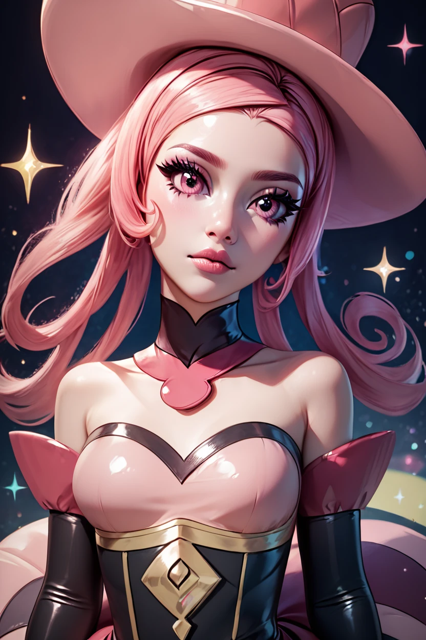 score_9, score_8_up, score_8, medium breasts, (curvy), cute, eyelashes,       ,,, , ,,,  zzDana, pink eyes, curly hair, long hair, pink hair, pink dress, elbow gloves, bare shoulders, black gloves, pink hat,  <lora:Dana_Pokemon_PDXL:1.0>,    ,,,, BREAK,  (ultra realistic,32k, masterpiece:1.2),(high detailed skin:1.1),( high quality:1.1), head tilt, lips, closed mouth, shiny clothes, (upper body), looking at viewer, bokeh, luminescent background, ,,, embedding:zPDXL, Expressiveh, ,,, <lora:RlAnmPDXL:1.0>,