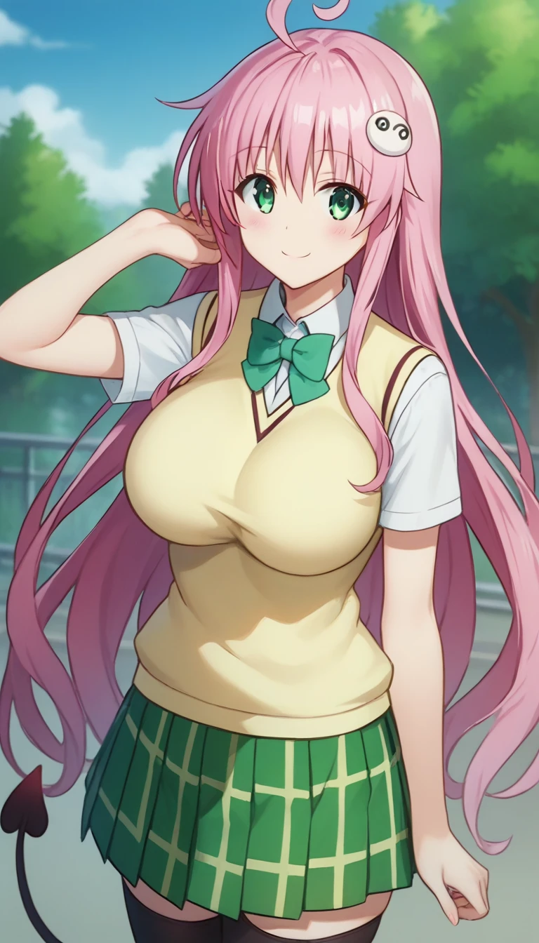 , aalala, long hair, ahoge, hair ornament, green eyes,pink, , huge breasts,,,looking viewer,,,nature,smile,(blush),camisole,miniskirt,socks,nsfw