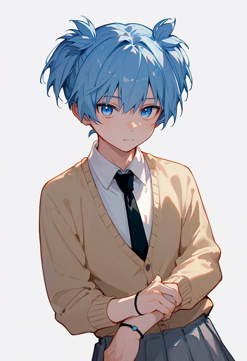 score_9, score_8_up, score_7_up, simple background, white background,  <lora:nagisa01-000015:1>, nagisa, 1 boy, blue hair, blue eyes, short twintails, hairband on wrist, white shirt, collared shirt, black tie, cardigan, grey skirt, pleated skirt,