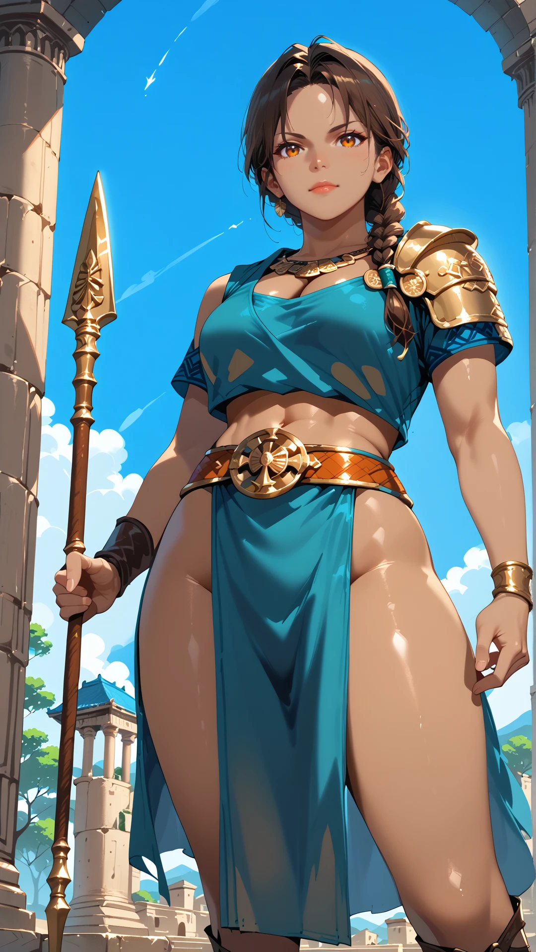 sjsartstyle, 2d, (zPDXL2), cowboy shot, dynamic pose, dynamic angle, webtoon, anime, centered, solo, (holding spear), 1woman, historic novel, Ancient Greece setting, (olive skin:1.5), warrior, long one braided brown hair, [[orange eyes]], cleavage, ((teal colored toga)), (midriff), hip vent, pelvic curtain, leather armor, surrounded by columns and ruins, outdoors, background, <lora:sd_xl_dpo_lora_v1:1>, <lora:OMG-Is-DucHaiten_v1.0:0.1>, <lora:sjsartstyle pony:1>