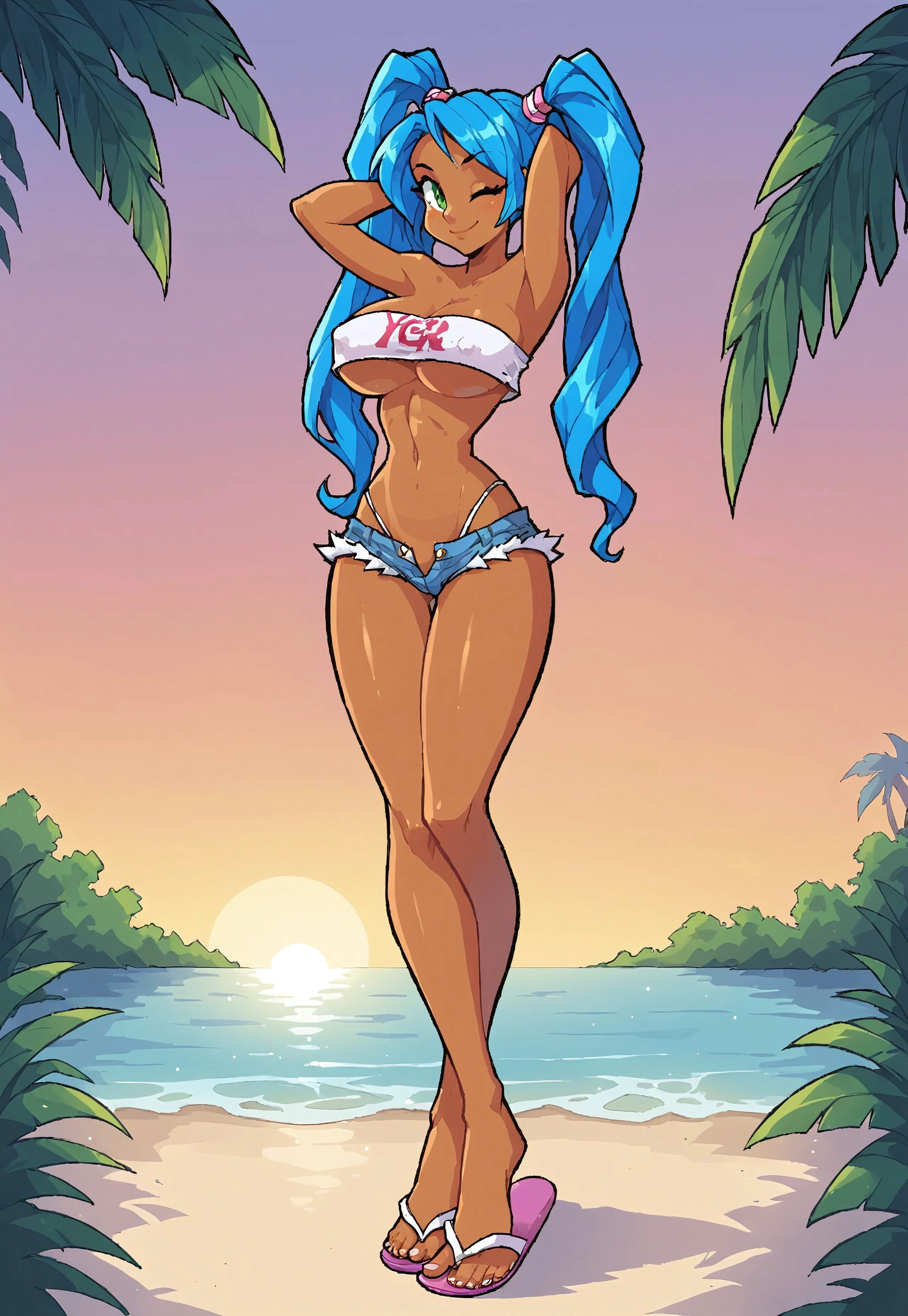 safe_pos, score_9, score_8_up, score_7_up, armpits, hands behind head, wink, green eyes, perfecteyes, nipple bulge, large breasts, YennyLo, dark skin, blue hair, long hair, twin ponytails, thin waist, long legs, large feet, flip flops, tube top, cropped top short shorts, denim, cutoffs, thong, underboob, tropical background, standing, 1 girls, solo female, perfect, Feet, 4ng3l face, single character