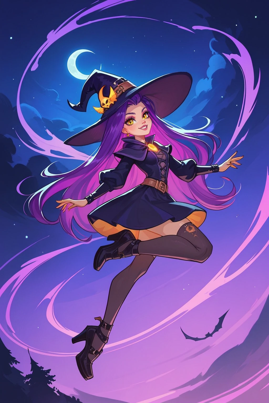 score_9, score_8_up, score_8, <lora:mh:1>, monsterhigh, 1girl, solo, witch, witch hat, night, night sky, smile, purple hair, yellow eyes, flying,