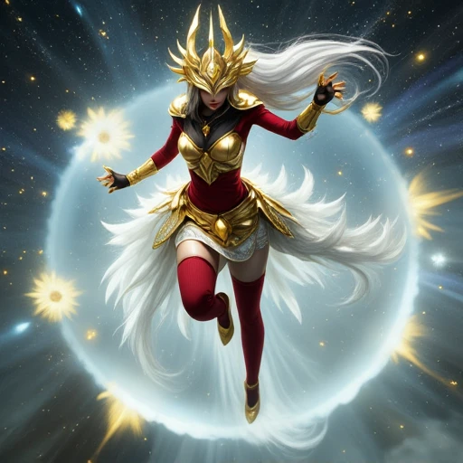 pointed crest that resembles a crown., almost otherworldly appearance. She has long, ornate helmet adorned with intricate, pointed horns and intricate, androgynous build, giving her an almost ethereal quality, transparent background, skirt, feathers, otherworldly appearance. The figure is a woman, athletic build. She wears a striking, and flowing fabrics, with one leg extended forward and the other bent, white, with intricate, covered eyes The image is a vibrant, celestial-themed scene. The central figure is a humanoid, flowing silver hair cascading down her back and a voluminous