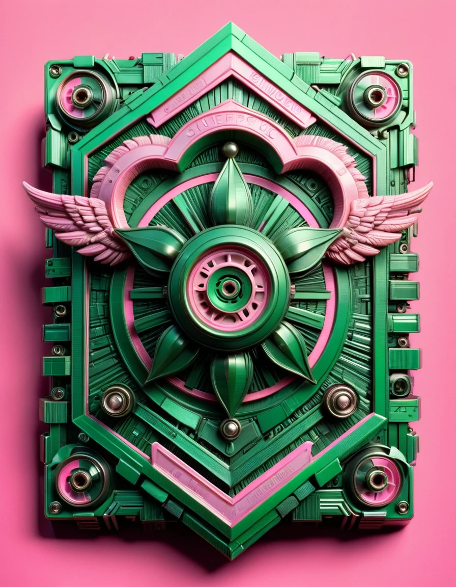 Unreal Engine, Spiritual, Ethereal Repressive Vintage ral-vhstp, green and pink background, Very wide view, elegant, Sleepycore, lovely, <lora:ral-vhstp:1>, fantastic aesthetic, badge, professional fine composition, epic, vivid colors, complex artistic color composition