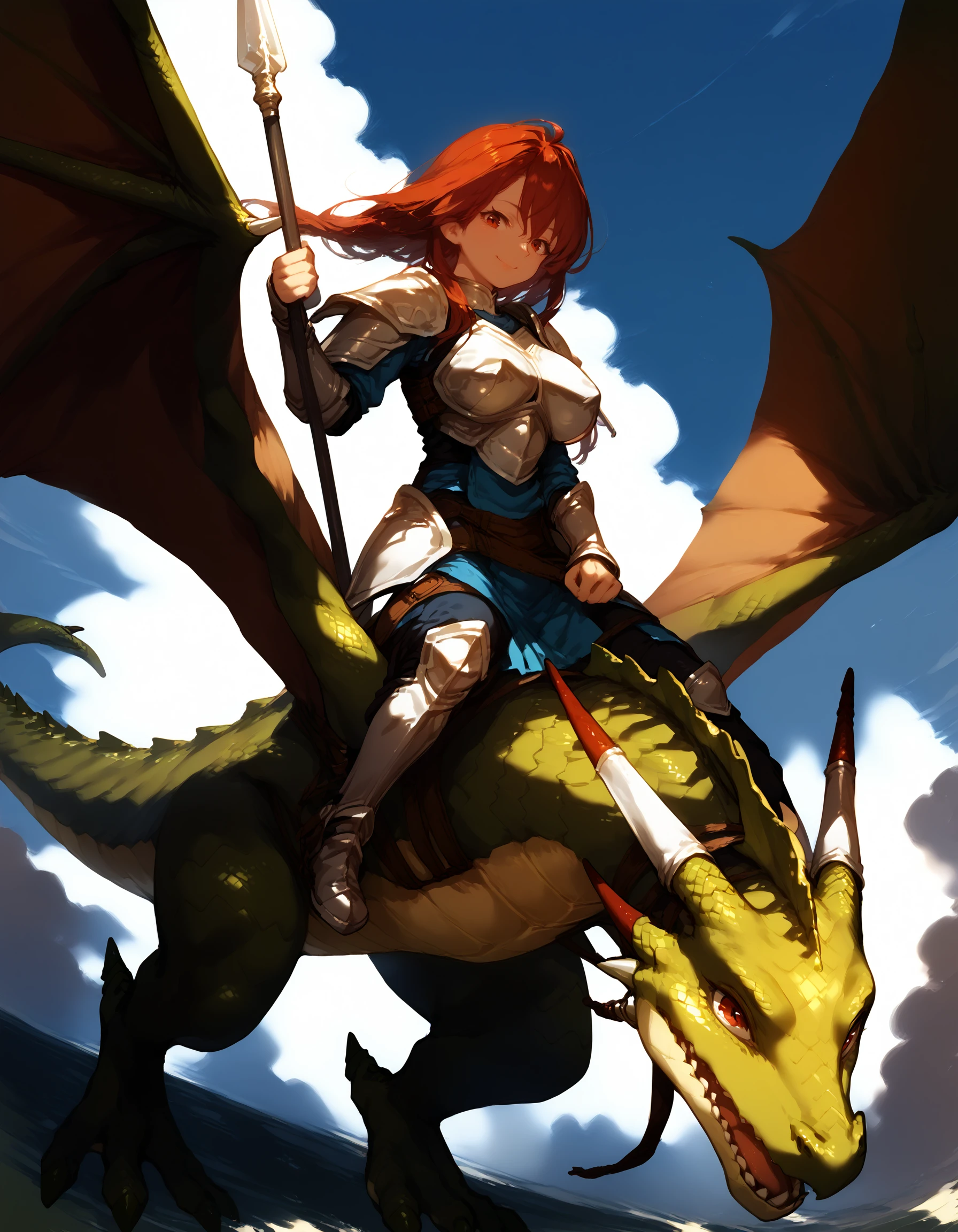 zPDXL3,<lora:Pony_DetailV2.0:1>,sky BREAK 1girl,1other,large breasts,
BREAK wyvern rider,dragon riding,dragon wings,knight,green dragon,polearm,holding polearm,holding weapon,flying,smile,breastplate,<lora:wyvern rider-pony-v3:0.9>,