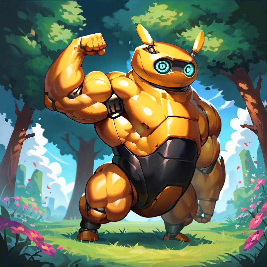 anime artwork score_9, score_8_up, score_7_up, best quality, high quality, highly detailed, cel shading, source_cartoon,   buggcru, small antennas, yellow robot, glowing green circular eyes, muscular, flexing muscles, outdoors, robot, flower, tree, grass, nature 