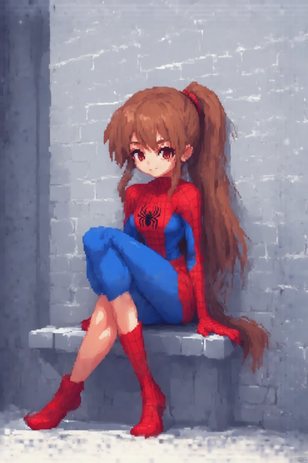 Pixel-art,a cartoon girl with long brown hair,wearing a spiderman costume and red boots,is sitting on a gray stone bench. The girl's costume is reminiscent of a spider-man costume,with a blue and red shirt underneath. Her hair is tied in a ponytail,adding a pop of color to the scene. The background is a gray brick wall,with white lines running across it,creating a stark contrast to the gray wall.