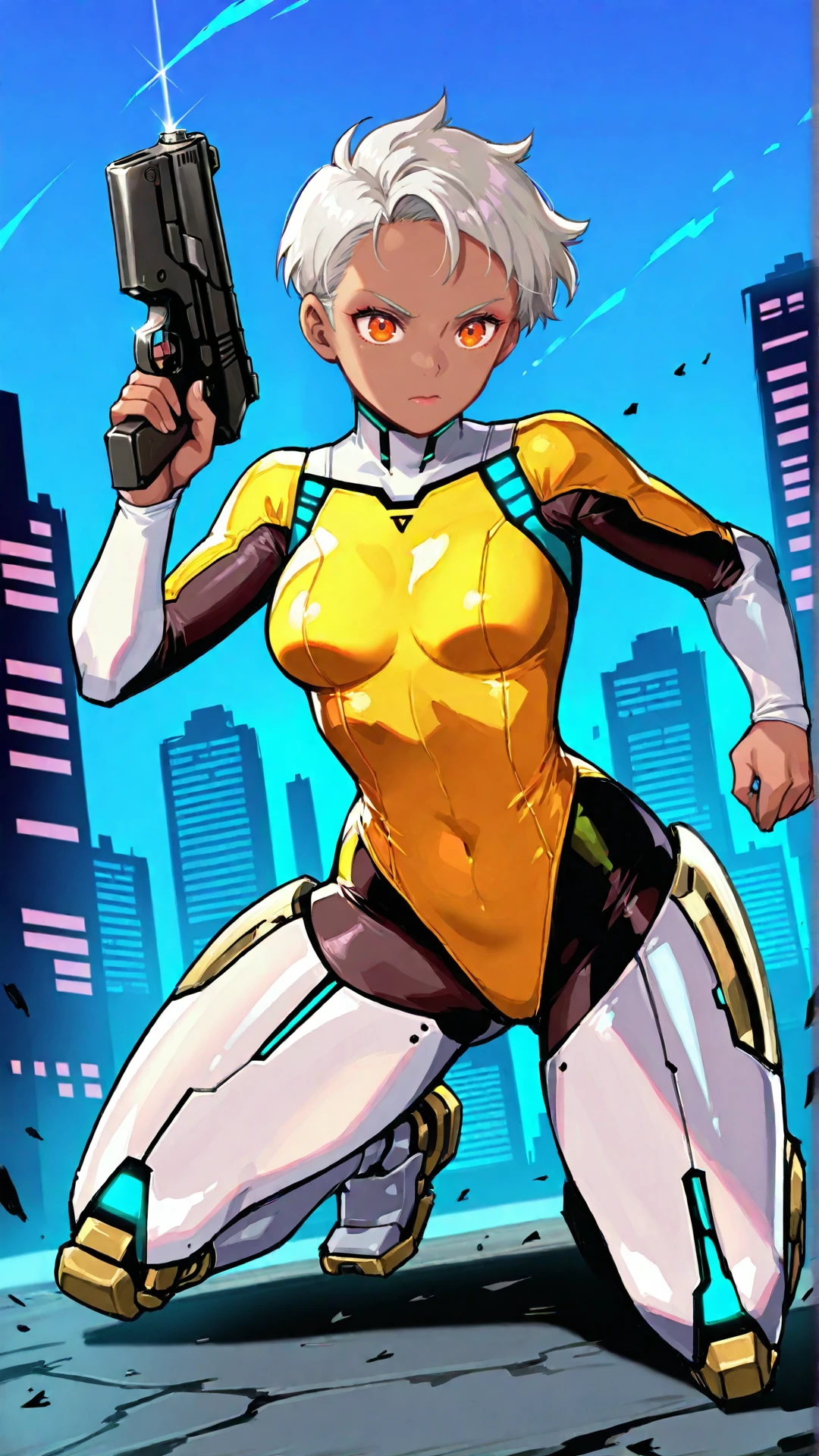 sjsartstyle, 2d, (zPDXL2), full body view, dynamic pose, dynamic angle, webtoon, anime, centered, perfect hands, solo, 1girl, 1woman, dark tanned skin, black metal, (white short hair), orange eyes, yellow leotard swimsuit, robotic legs, a woman in a futuristic suit, ((holding a gun)), (outdoors, cyberpunk background), highly detailed, extremely detailed, <lora:sd_xl_dpo_lora_v1:1>, <lora:OMG-Is-DucHaiten_v1.0:0.1>, <lora:sjsartstyle Illustrious:1>