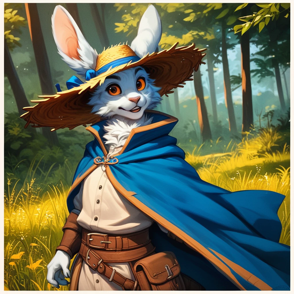 score_9, score_8_up, score_7_up, score_6_up, BREAK
(Prof_G_Quill:1.1),  a  small furry (rabbit:1.1) anthro male, wearing a( straw hat with blue ribbon:1.2) and a blue cloak with a high collar. (massive battlefield, fantasy medieval battle,:1.2) The rabbit has (white fur:1.1) with orange eyes and a serious expression, happy, (laugh:0.8), pose, short height, straw hat, outside, forest path, detailed background, 
 <lora:Prof_G_Quill._v1_2024-10-31_09-12-48-save-325-162-1:1> , <lora:Jacato_-_Art_Style-000007:0.6> Jacato