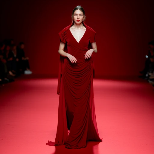 This is a high-fashion runway photograph showcasing a striking fashion show scene. The model, a woman with a pale complexion and striking, bold makeup, walks down a runway. She wears an elaborate, floor-length gown made of a rich, deep red velvet material. The gown features a plunging neckline and a flowing, draped design that falls in elegant folds to the floor. The dress is accessorized with a matching red shawl draped over her shoulders, adding to the dramatic effect., haute couture, high fashion, fashion photography, paris fashion week, red theme
