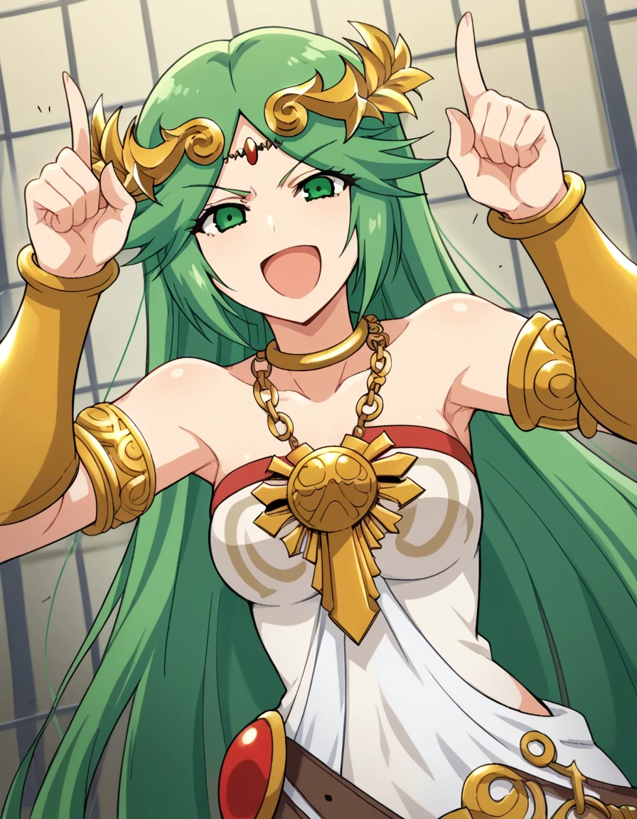 score_9, score_8_up, score_7_up, source_anime, <lora:palutena-trailer-ponyxl-lora-nochekaiser:1>, palutena, long hair, bangs, very long hair, green eyes, green hair, parted bangs,, dress, bare shoulders, jewelry, necklace, white dress, strapless, tiara, strapless dress, armlet, neck ring, gold,, prison, bars, cells, guards, confined, smile, <lora:horns-pose-ponyxl-lora-nochekaiser:1>, horns pose, index fingers raised, angry, steam, open mouth, shouting, anger vein,, looking at viewer, solo,, dutch angle, cowboy shot