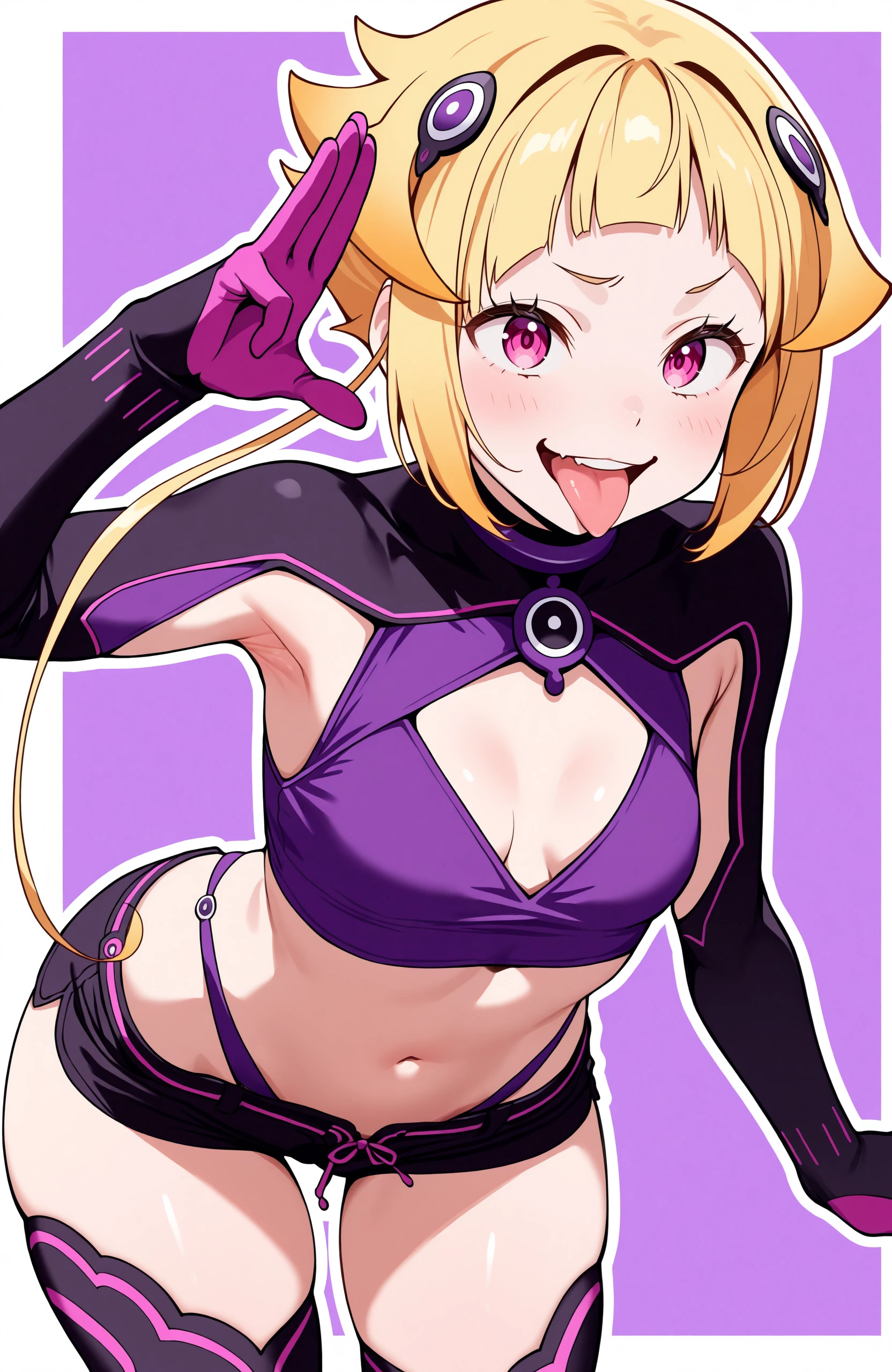 masterpiece, best quality, good quality, newest, <lora:Capella-ReZero-Illustrious-V1:1>, CEL, AnFit, red eyes, blonde hair, purple crop top, 1girl, tongue out, black thighhighs, looking at viewer, purple gloves, cowboy shot, short shorts, black shorts, small breasts, highleg panties, hair ornament, purple background, underwear, hand up, panty straps, smile, cleavage cutout, simple background, open mouth, purple panties, two-tone background, pink gloves, sidelocks, outline