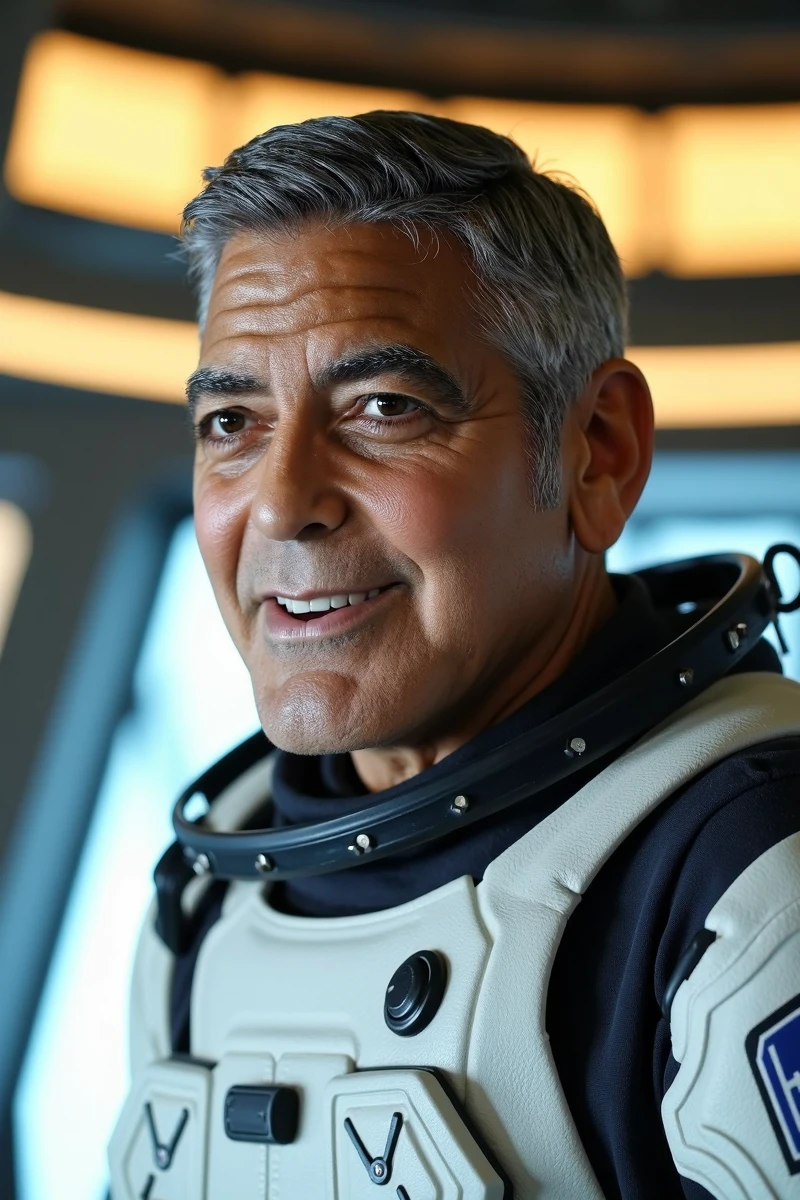 A 49 yo fresh man (george clooney) , lifelike  face in focus , shaved beard , confident happy eye contact , teasing the viwer , ultra high detailed skin texture, delicate face contours , wear a space  astronaut suit , cloogeo is a captain on a space ship, standing on the cockpit of a space ship, with neon leds, beige walls, modern short hair with style, light and shadow play, in the background is the cockpit with futuristic display panels ultra high details, 