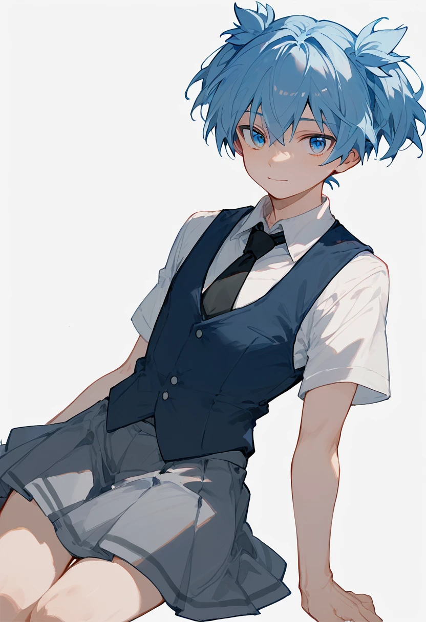 score_9, score_8_up, score_7_up, <lora:nagisa01-000014:1>, nagisa, 1 boy, blue hair, blue eyes, short twintails, white shirt, collared shirt, black tie, navy vest, grey skirt, pleated skirt, white background, simple background,